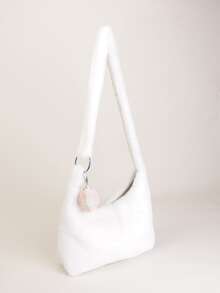 Minimalist Fluffy Hobo Bag With Pompom Charm - White - View 6