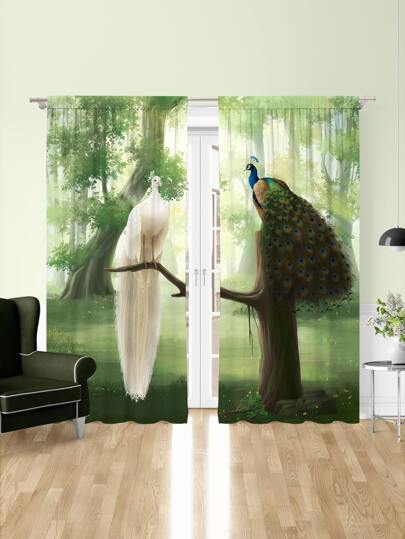 2pcs Peacock Print Curtain