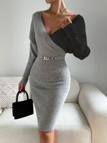 SHEIN Privé Two Tone Batwing Sleeve Bodycon Jumper Dress - Light Grey - View 1