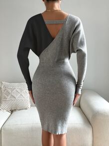 SHEIN Privé Two Tone Batwing Sleeve Bodycon Jumper Dress - Light Grey - View 2