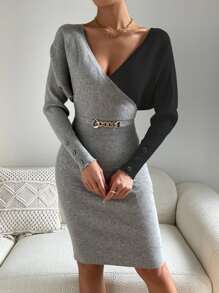 SHEIN Privé Two Tone Batwing Sleeve Bodycon Jumper Dress - Light Grey - View 3