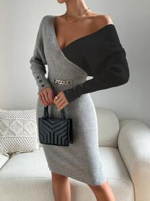 SHEIN Privé Two Tone Batwing Sleeve Bodycon Jumper Dress - Light Grey - View 4