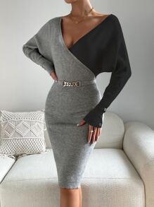 SHEIN Privé Two Tone Batwing Sleeve Bodycon Jumper Dress - Light Grey - View 5