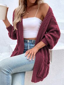 SHEIN LUNE Cable Knit Drop Shoulder Pocket Patched Duster Cardigan - Burgundy - View 1
