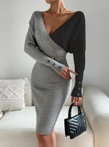 SHEIN Privé Two Tone Batwing Sleeve Bodycon Jumper Dress - Light Grey - View 6