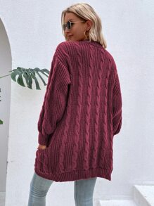 SHEIN LUNE Cable Knit Drop Shoulder Pocket Patched Duster Cardigan - Burgundy - View 2