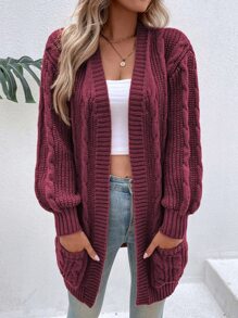 SHEIN LUNE Cable Knit Drop Shoulder Pocket Patched Duster Cardigan - Burgundy - View 6