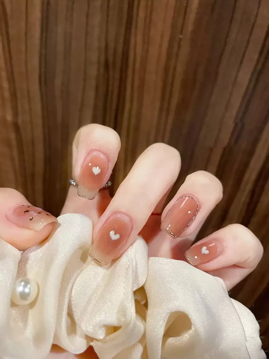 24pcs Short Square Heart Pattern Fake Nail & 1sheet Tape & 1pc Nail File - Multicolor - View 1