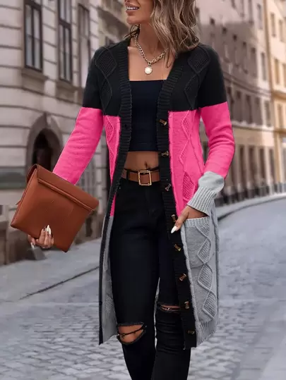 EMERY ROSE Color Block Longline Cardigan,Ladies Spring/Fall Casual Button,Cable-Knit,Pocket Regular Sleeve V Neck Regular Fit Hot Pink Colorblock Women Cardigans,Casual Daily Wear