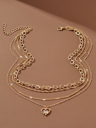 1pc Cubic Zirconia Decor Heart Charm Layered Necklace Copper Jewelry Valentines