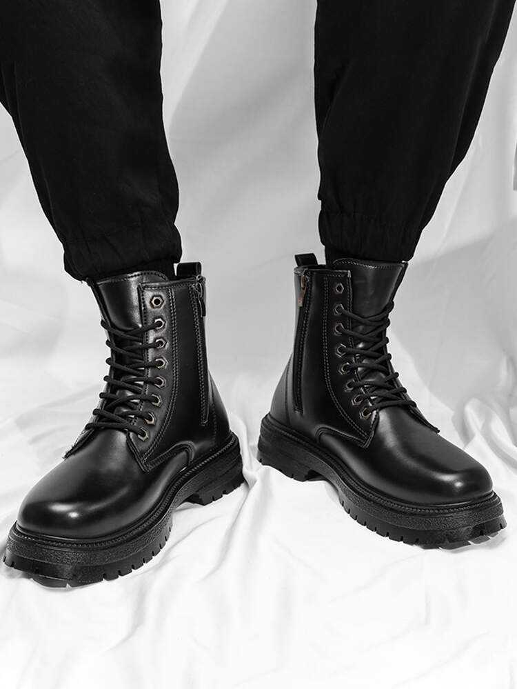 Men Zip Side Lace-up Front Combat Boots - Black - View 2
