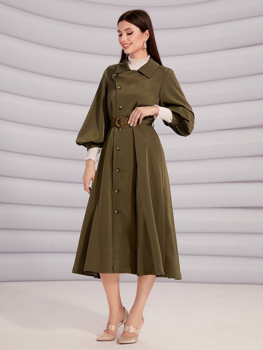 Modelyn Lantern Sleeve Belted Coat - Army Green - View 1