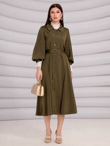 Modelyn Lantern Sleeve Belted Coat - Army Green - View 5