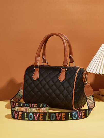 Lightweight, Portable Casual, Fashion Letter Graphic Quilted Handbag, Casual Wide Strap Crossbody Bag, Women's Artificial Leather Boston Bag For Girls, Women, College Students, Rookies & White-collar Workers For Fall, Winter Essential, For Work, Office, Commute, For Autumn & Winter, Outdoors