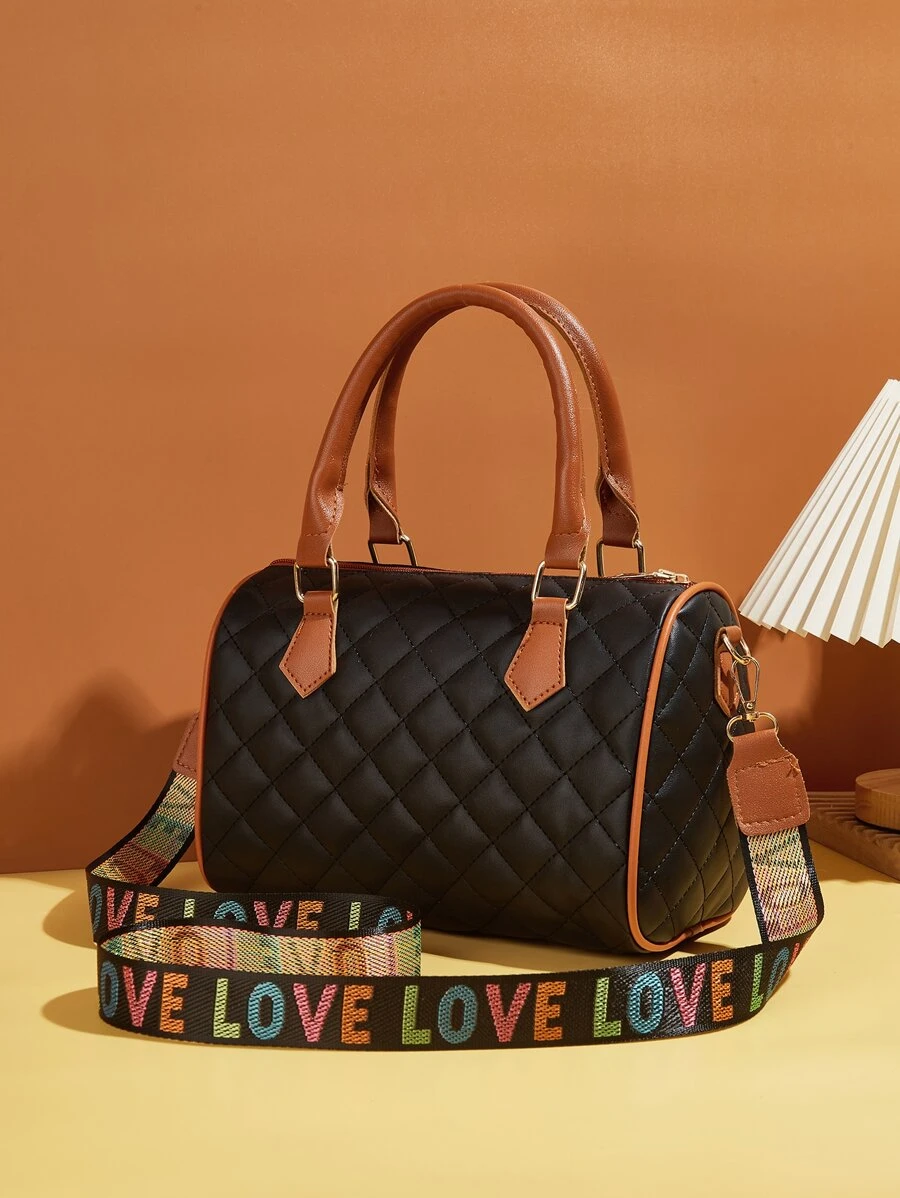 Borsa trapuntata con grafica lettera alla moda, leggera, portatile, borsa a tracolla casual con tracolla larga, borsa Boston da donna artificiale per ragazze, donne, studenti universitari, principianti e impiegati per l'autunno, l'inverno essenziale, per il lavoro, l'ufficio, i pendolari, per Autunno e inverno, all'aperto