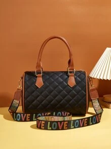 Borsa trapuntata con grafica lettera alla moda, leggera, portatile, borsa a tracolla casual con tracolla larga, borsa Boston da donna artificiale per ragazze, donne, studenti universitari, principianti e impiegati per l'autunno, l'inverno essenziale, per il lavoro, l'ufficio, i pendolari, per Autunno e inverno, all'aperto