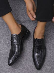 Men Crocodile Embossed Lace-up Front Oxford Shoes - Black - View 1