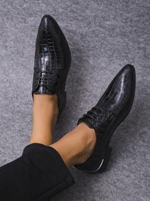Men Crocodile Embossed Lace-up Front Oxford Shoes - Black - View 2