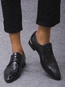 Men Crocodile Embossed Lace-up Front Oxford Shoes - Black - View 3