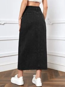 SHEIN EZwear Women's Summer High Waist Slit Denim Skirt Skirt With Slitblack Denim Skirtblack Jean Skirtlong Skirt With Slit - Black - View 2