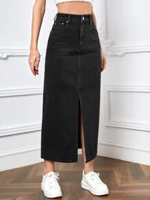 SHEIN EZwear Women's Summer High Waist Slit Denim Skirt Skirt With Slitblack Denim Skirtblack Jean Skirtlong Skirt With Slit - Black - View 3