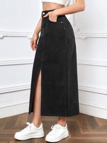 SHEIN EZwear Women's Summer High Waist Slit Denim Skirt Skirt With Slitblack Denim Skirtblack Jean Skirtlong Skirt With Slit - Black - View 6