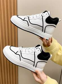 Contrast Binding Lace-up Front High Top Skate Shoes - Black and White - View 1