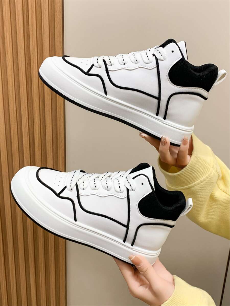 Contrast Binding Lace-up Front High Top Skate Shoes - Black and White - View 1