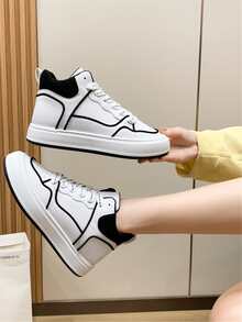 Contrast Binding Lace-up Front High Top Skate Shoes - Black and White - View 2