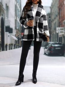 SHEIN LUNE 格紋印花絨毛外套無毛衣 - 黑與白 - 查看 3