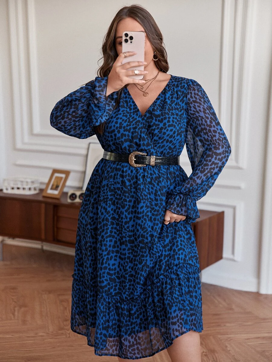 SHEIN Frenchy Đầm Plus Size Viên lá sen Trọn gói In hoa Báo Giải trí - Màu xanh hải quân - Xem 1