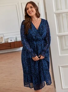 SHEIN Frenchy Đầm Plus Size Viên lá sen Trọn gói In hoa Báo Giải trí - Màu xanh hải quân - Xem 5