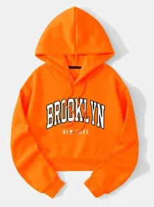 INAWLY 字母圖案加絨內裏抽繩短款連帽衫 - 橘色 - 查看 1