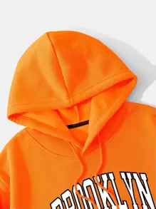 INAWLY 字母圖案加絨內裏抽繩短款連帽衫 - 橘色 - 查看 4