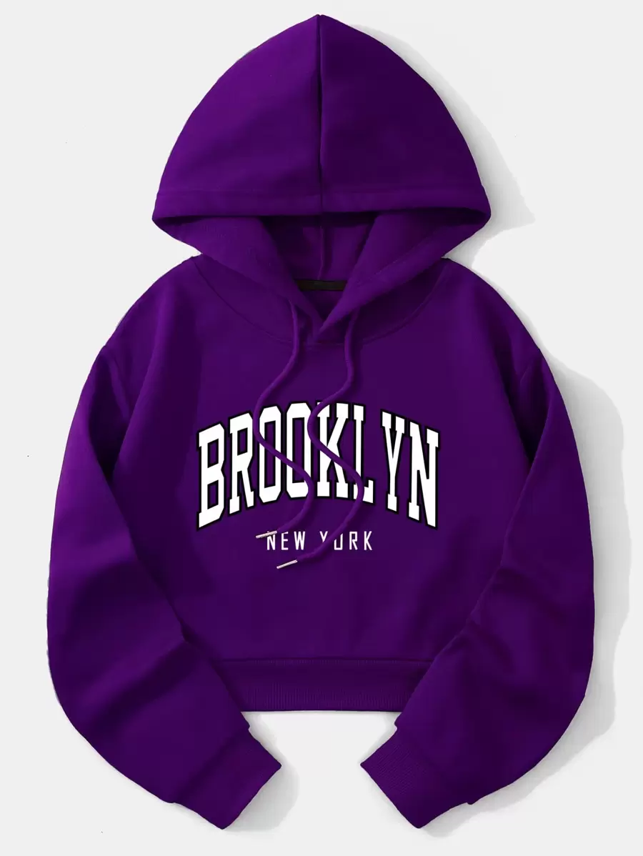 INAWLY Letter Graphic Thermal Lined Drawstring Crop Hoodie,Long Sleeve Tops Fall Cloth For Women - Purple - View 1