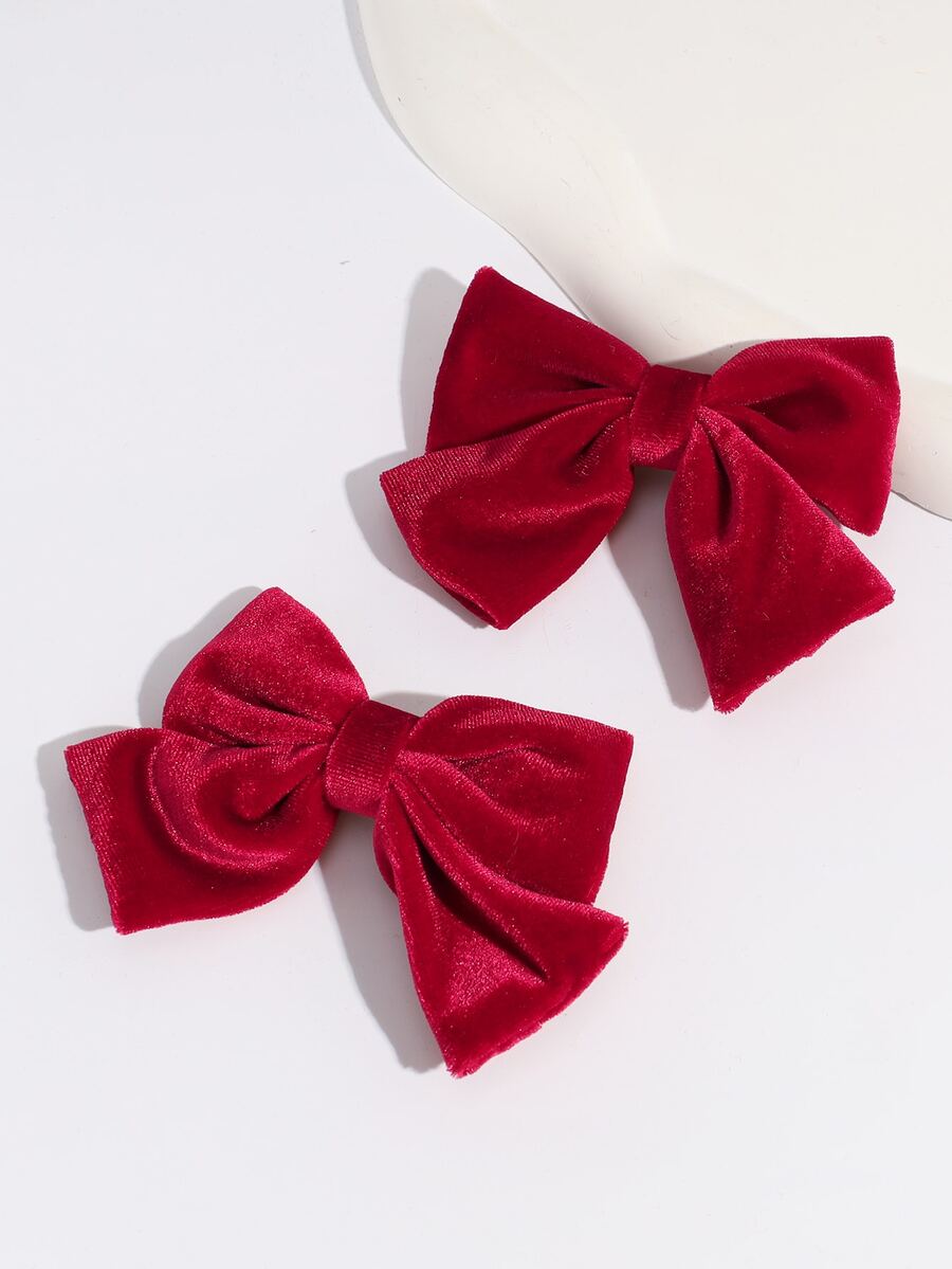 2pcs Women's Fashion Minimalist Soft Bow Hair Clips Suitable For Daily Wear - Red - View 1