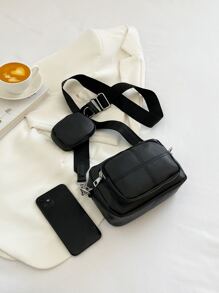 Mini Stitch Detail Square Bag With Coin Purse - Black - View 6