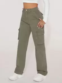 SHEIN PETITE 高腰翻蓋口袋工裝牛仔褲 - 軍綠色 - 查看 5