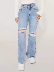 SHEIN PETITE Jeans de pierna amplia desgarro - Lavado ligero - Ver 3