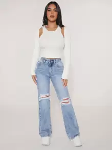 SHEIN PETITE Jeans de pierna amplia desgarro - Lavado ligero - Ver 4