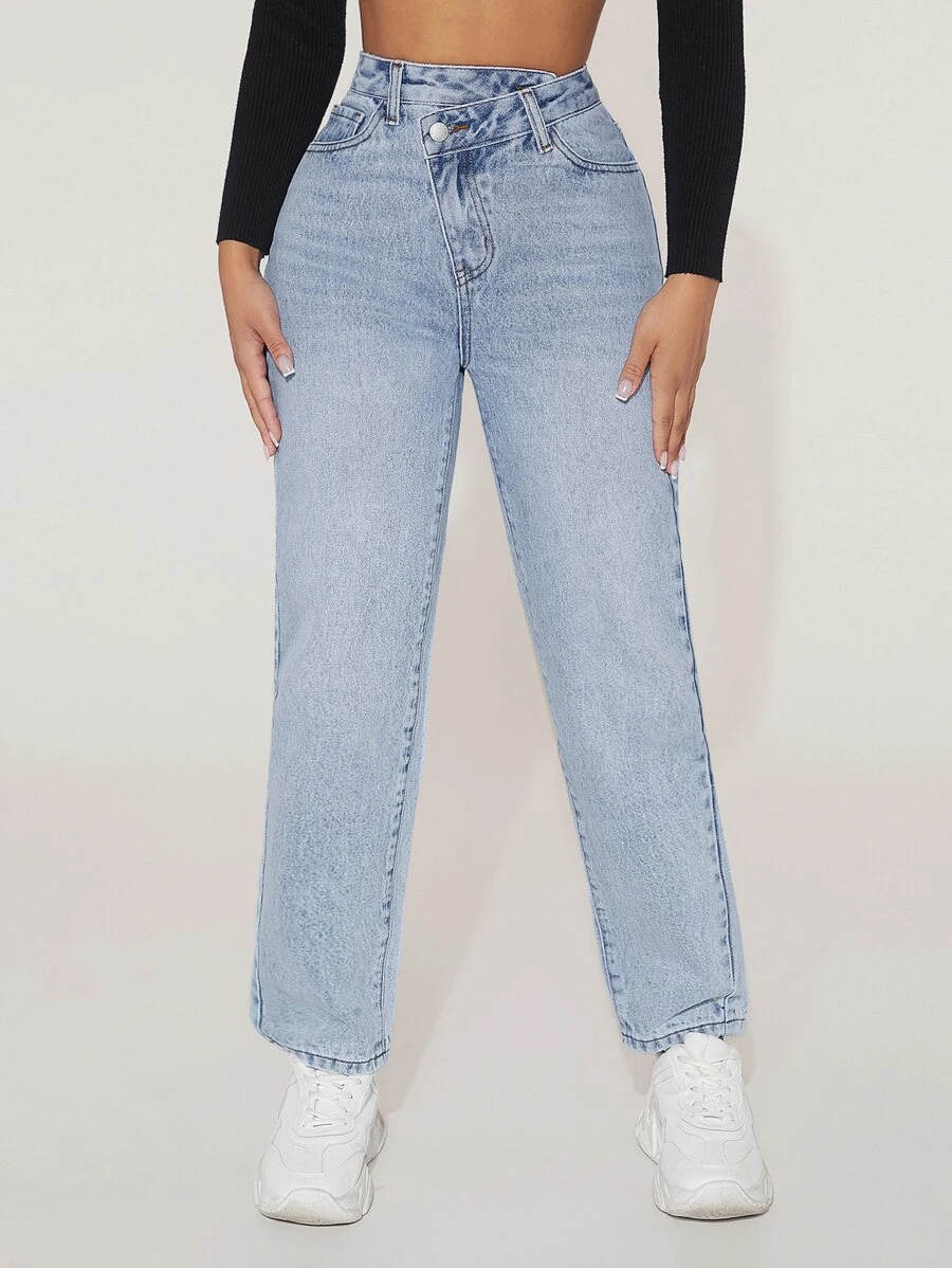 SHEIN PETITE Stepped Waist Straight Leg Jeans - Light Wash - View 1