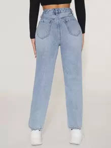SHEIN PETITE Stepped Waist Straight Leg Jeans - Light Wash - View 2