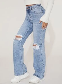 SHEIN PETITE Jeans de pierna amplia desgarro - Lavado ligero - Ver 6