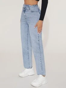 SHEIN PETITE Stepped Waist Straight Leg Jeans - Light Wash - View 6