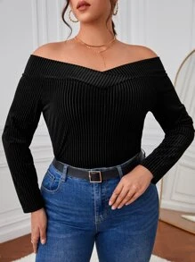 SHEIN Privé 大碼一字肩絲絨T恤 - 黑色 - 查看 1