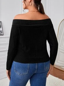 SHEIN Privé 大碼一字肩絲絨T恤 - 黑色 - 查看 2