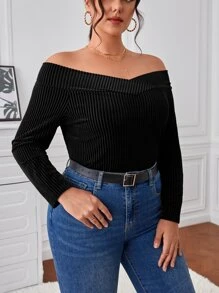 SHEIN Privé 大碼一字肩絲絨T恤 - 黑色 - 查看 4