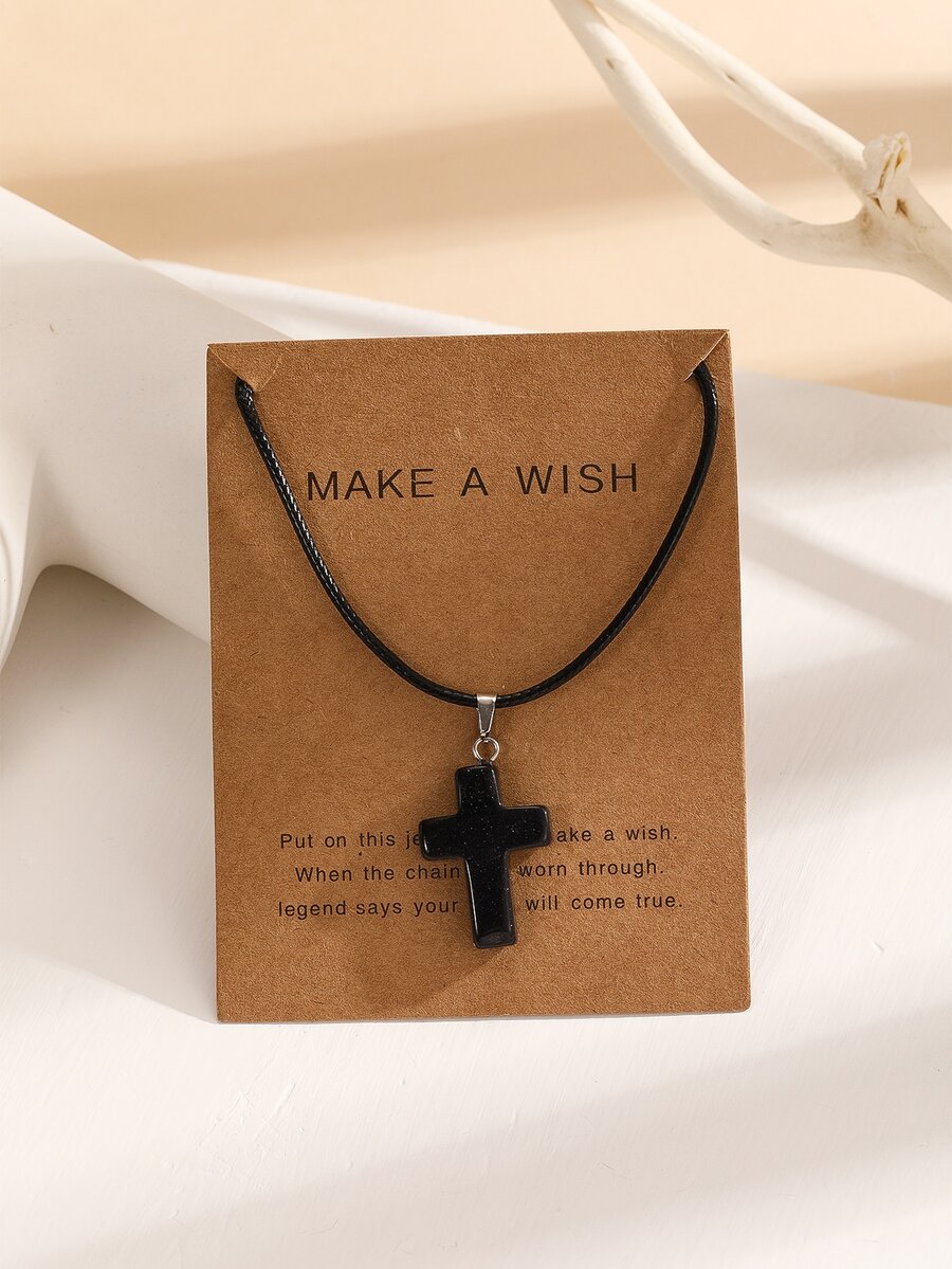Cross Charm Necklace - Black - View 1