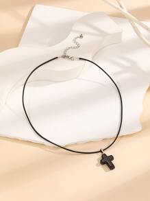 Cross Charm Necklace - Black - View 2