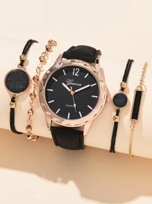 1 pieza Reloj cuarzo de puntero redondo & 4 piezas Pulsera - Negro - Ver 1